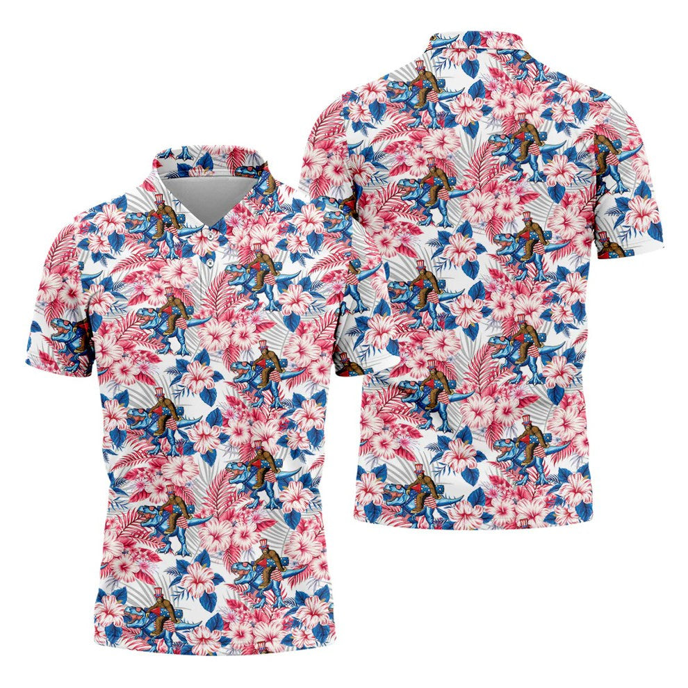 Patriotic T-Rex Bigfoot Hawaiian Floral Golf Shirt, 250 Years 4th Of July Golf Shirts For Men