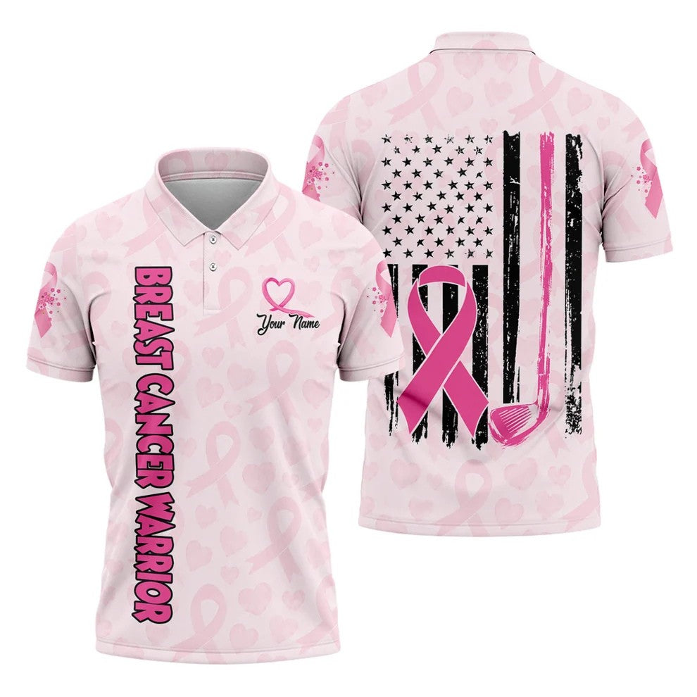 Personalized Breast Cancer Warrior Pink Ribbon Polo, Mens Golf Polo, Golf Apparel For Men