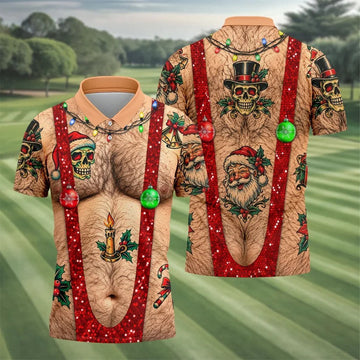 Santa Skull Hairy Chest Christmas Golf Shirt, Mens Golf Polo, Golf Shirts For Men