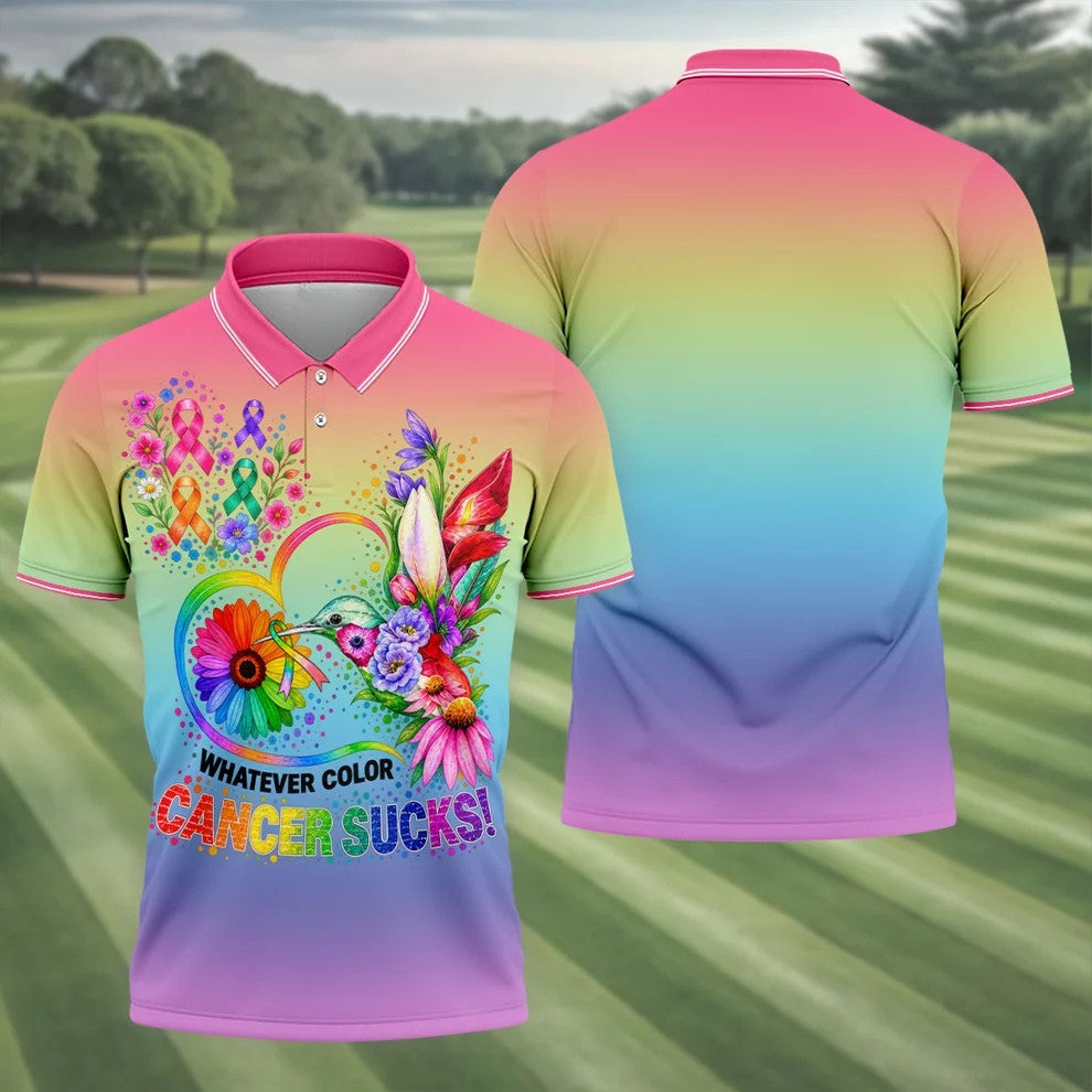 Whatever Color Cancer Sucks Hummingbird Polo Shirt, Mens Golf Polo, Men's Golf Shirt