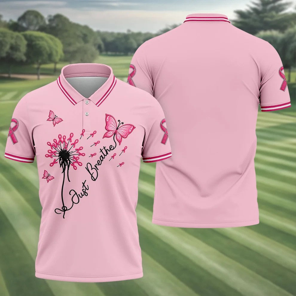 Just Breathe Butterfly Pink Ribbon Breast Cancer Polo Shirt, Polo Shirts For Men