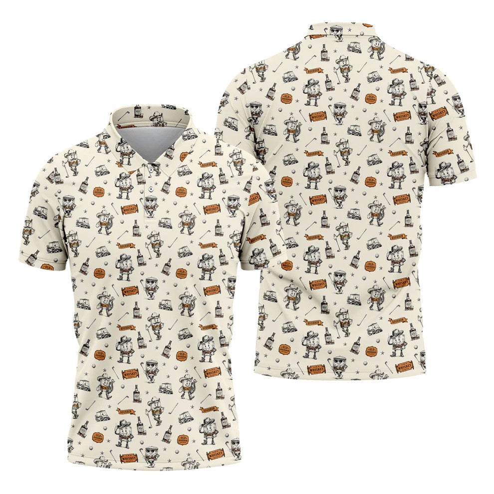 Vintage Bourbon Whiskey Golf Pattern Polo Shirt, Golf Polo Shirts For Men, Mens Golf Apparel
