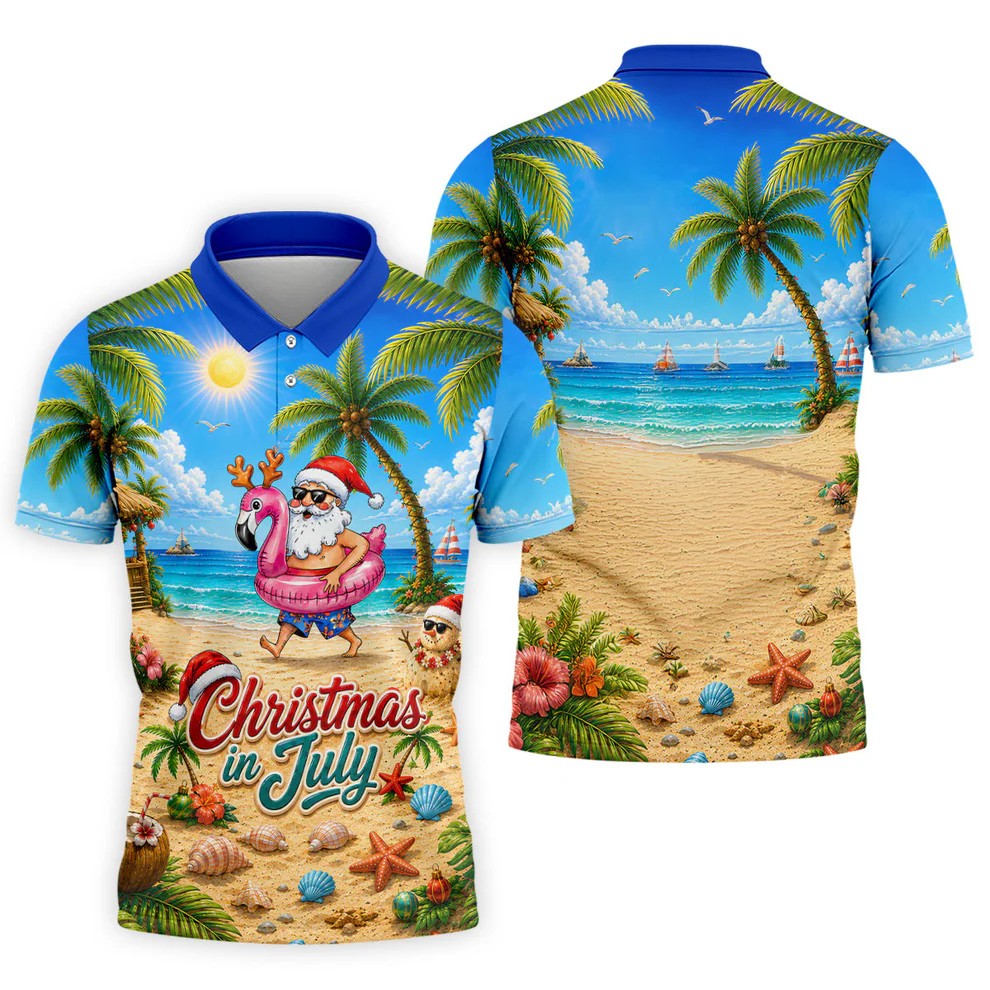 Santa Christmas In July Beach Golf Shirt, Christmas Golf Shirt, Golf Apparel For Men