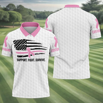 Custom Support Fight Survive Breast Cancer Polo Shirt, Men's Golf Shirt, Mens Golf Apparel