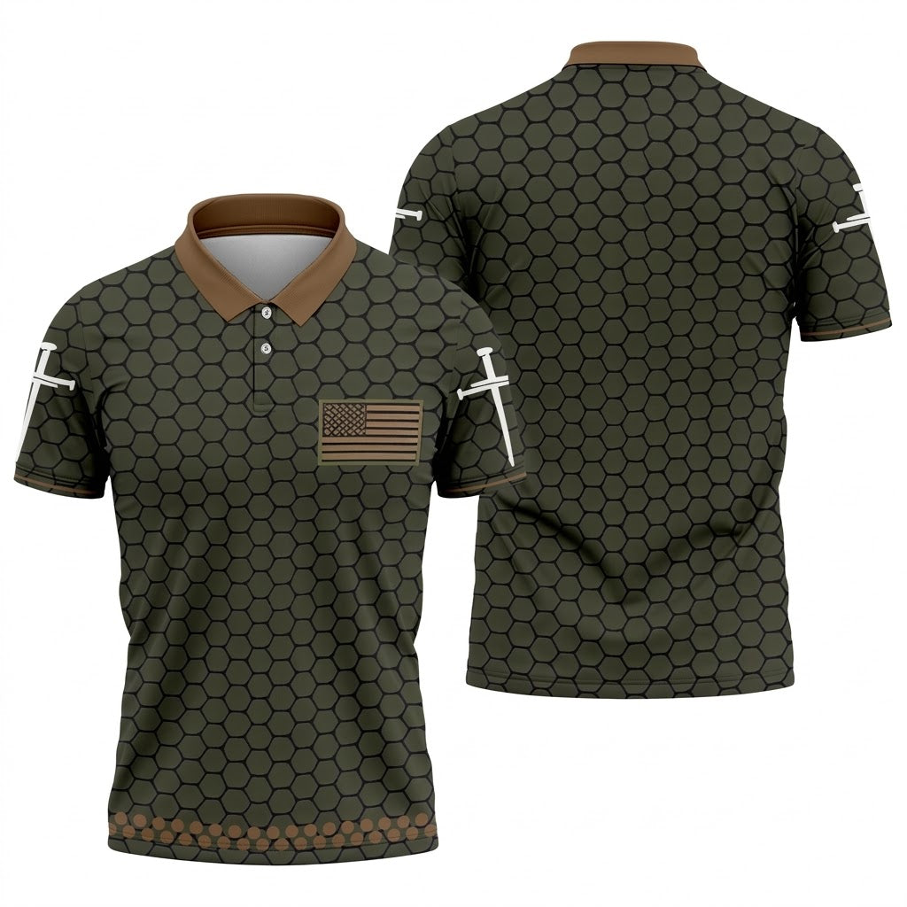 Faith Cross America 250 Anniversary Hexagonal Pattern Patriotic Golf Shirt, Golf Shirts For Men
