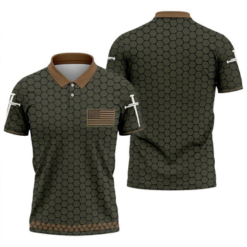 Faith Cross America 250 Anniversary Hexagonal Pattern Patriotic Golf Shirt, Golf Shirts For Men