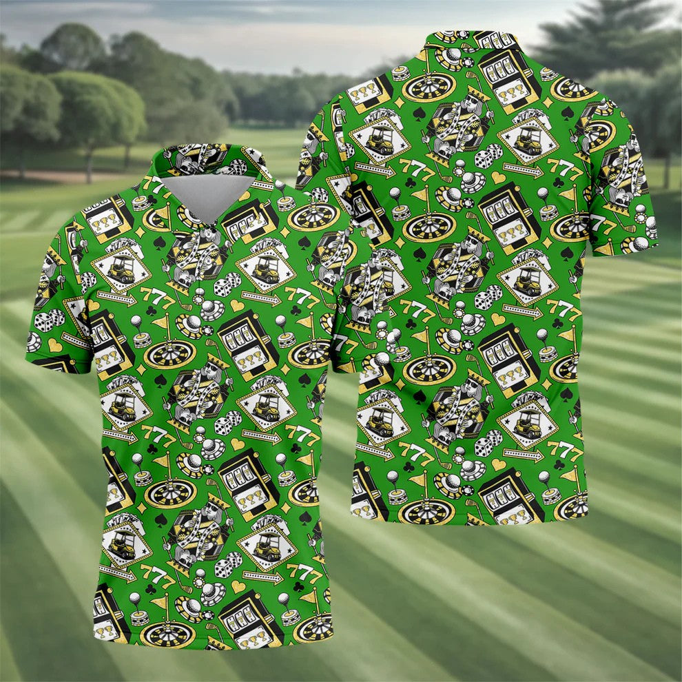 Casino Golf Pattern Green Hawaiian Golf Polo Shirt, Mens Golf Polo, Polo Shirts For Men