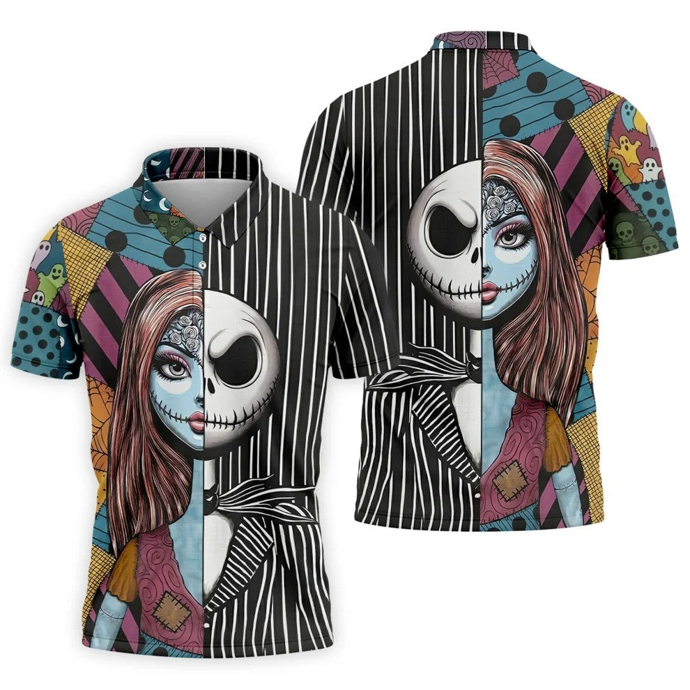 Half Sally And Jack Horror Character Golf Polo Shirt, Men's Golf Shirt, Printed Golf Shirts