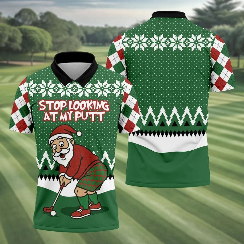 Stop Looking At My Putt Funny Santa Claus Argyle Golf Shirt, Christmas Golf Shirt, Polo Shirts For Men