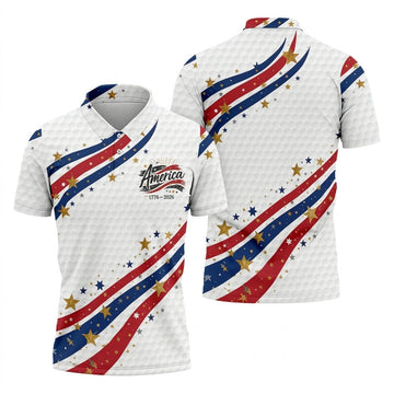 Red White Blue Wavy Stripes Golf Ball Pattern Patriotic Golf Shirt, 250th Anniversary Golf Shirts For Men