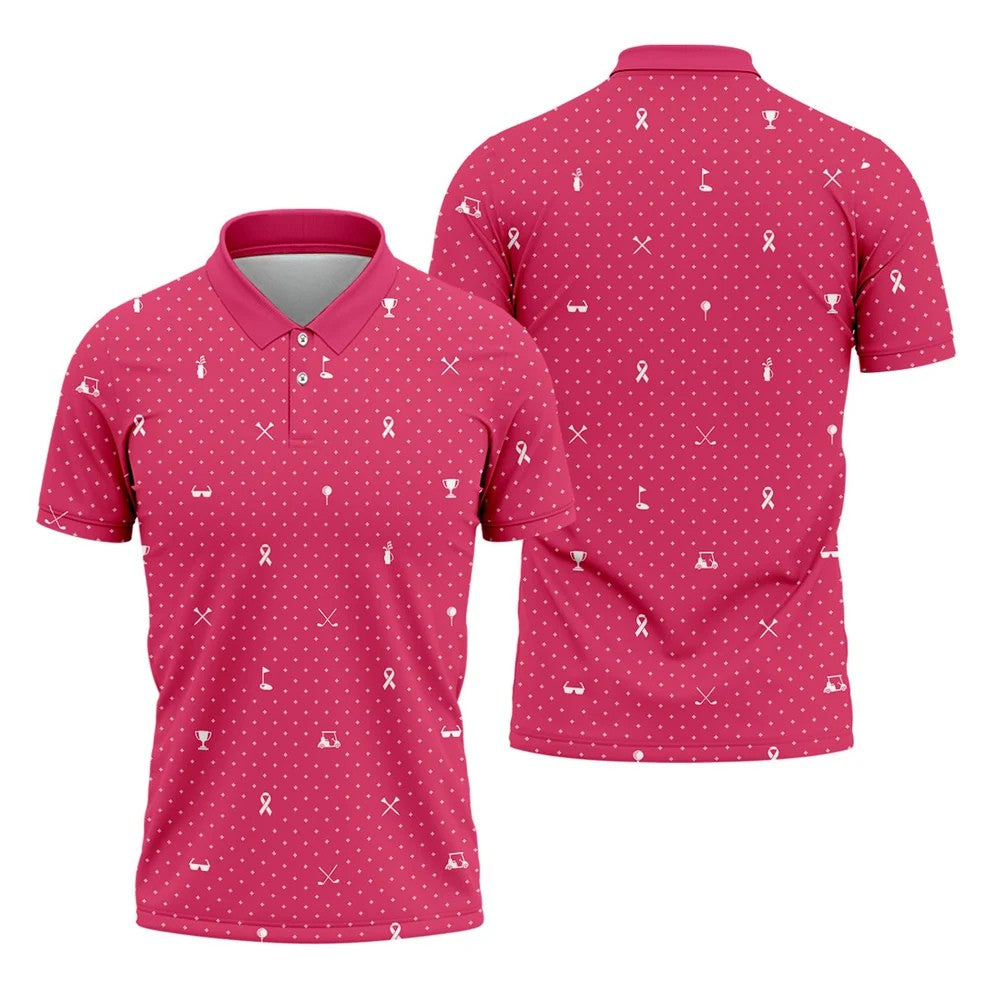 Pink Ribbon Golf Pattern Breast Cancer Polo Shirt, Golf Shirts For Men, Mens Golf Apparel