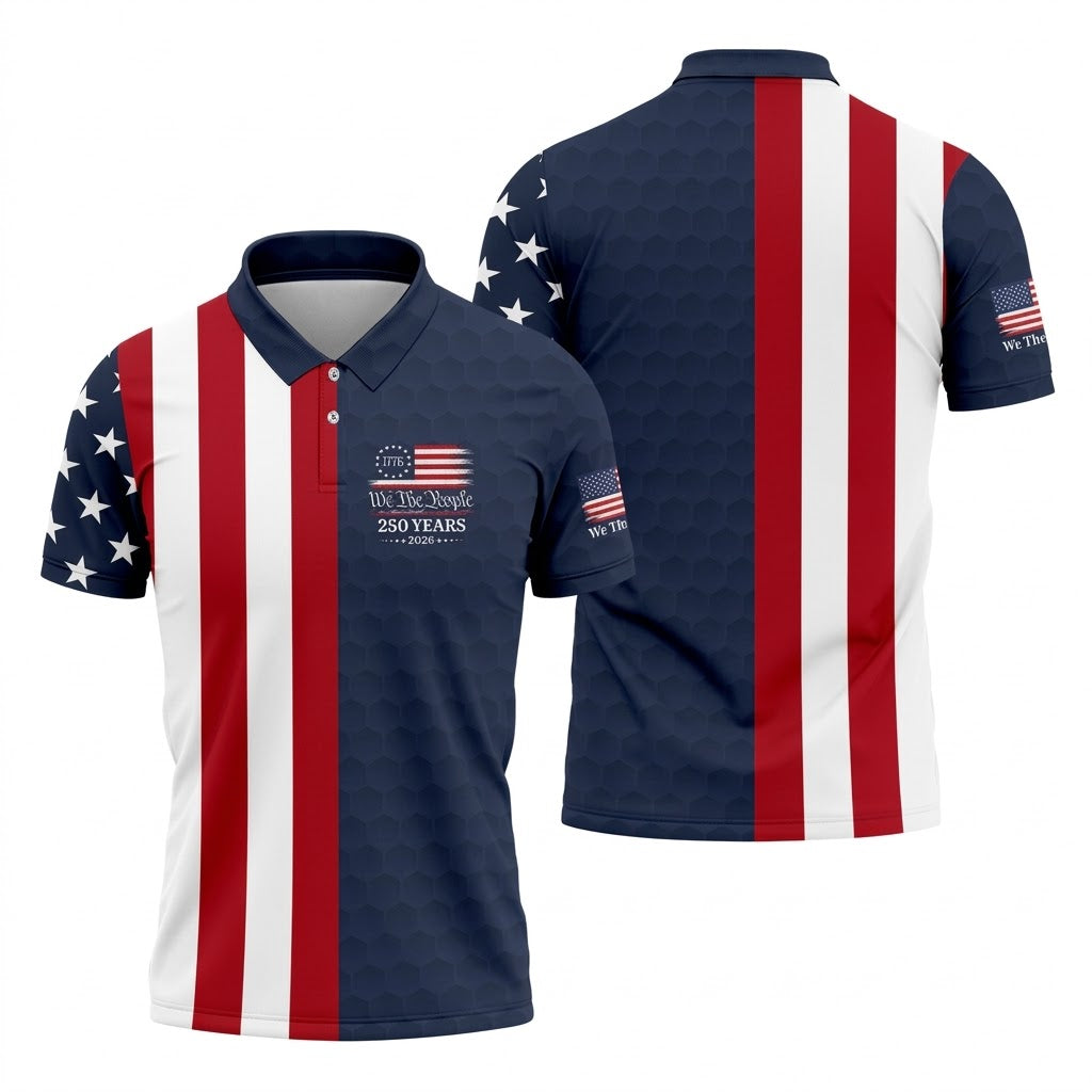 We The People Golf Ball Pattern 250 Years Patriotic 4th Of July US Flag Golf Shirts For Men