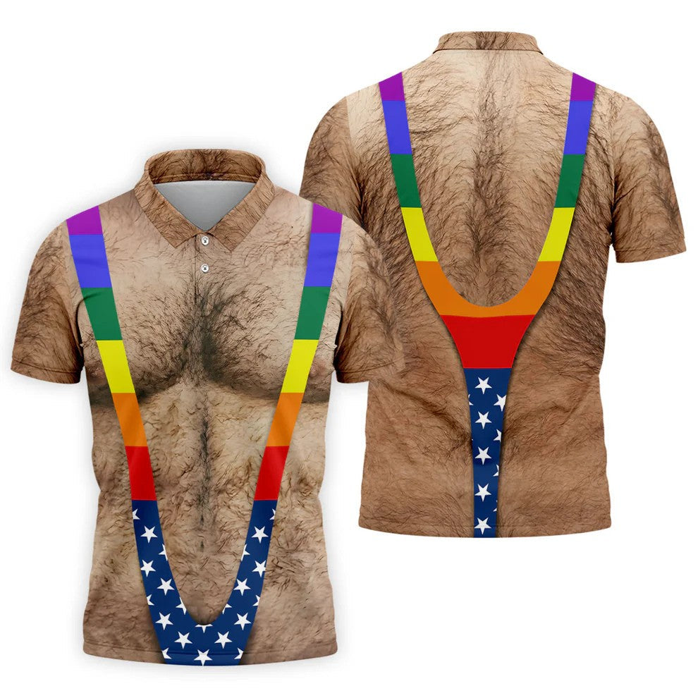 Funny Hairy Chest Rainbow Suspenders Golf Polo, Golf Shirts For Men, Mens Golf Apparel