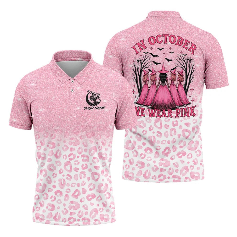 Custom Name In October We Wear Pink Halloween Golf Shirt, Men's Golf Shirt, Hawaiian Golf Shirt