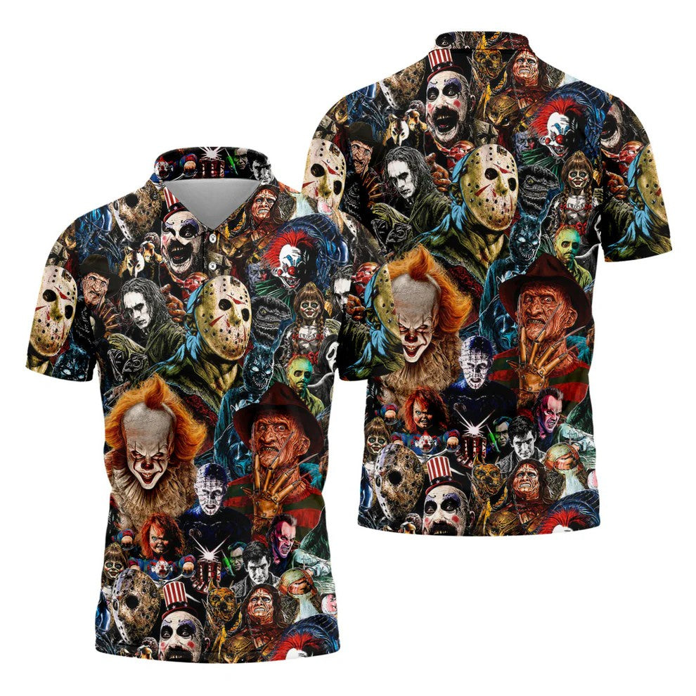 Iconic Horror Character Legends Collage Golf Polo Shirt, Mens Golf Shirts, Printed Golf Shirts