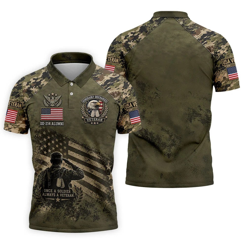 DD-214 Honorably Discharged Camo Polo Shirt, Veterans Day Shirt, Mens Golf Shirts