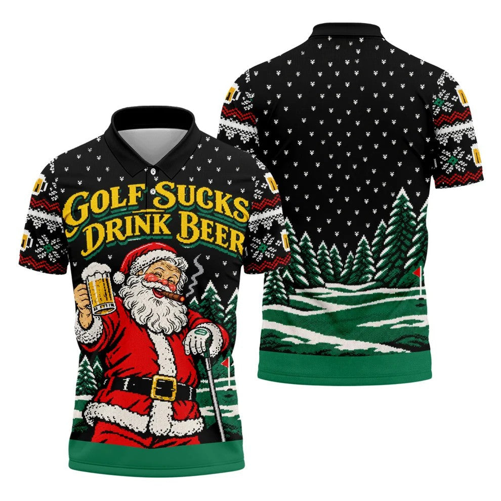 Golf Sucks Drink Beer Santa Christmas Golf Shirt, Mens Golf Polo, Golf Shirts For Men
