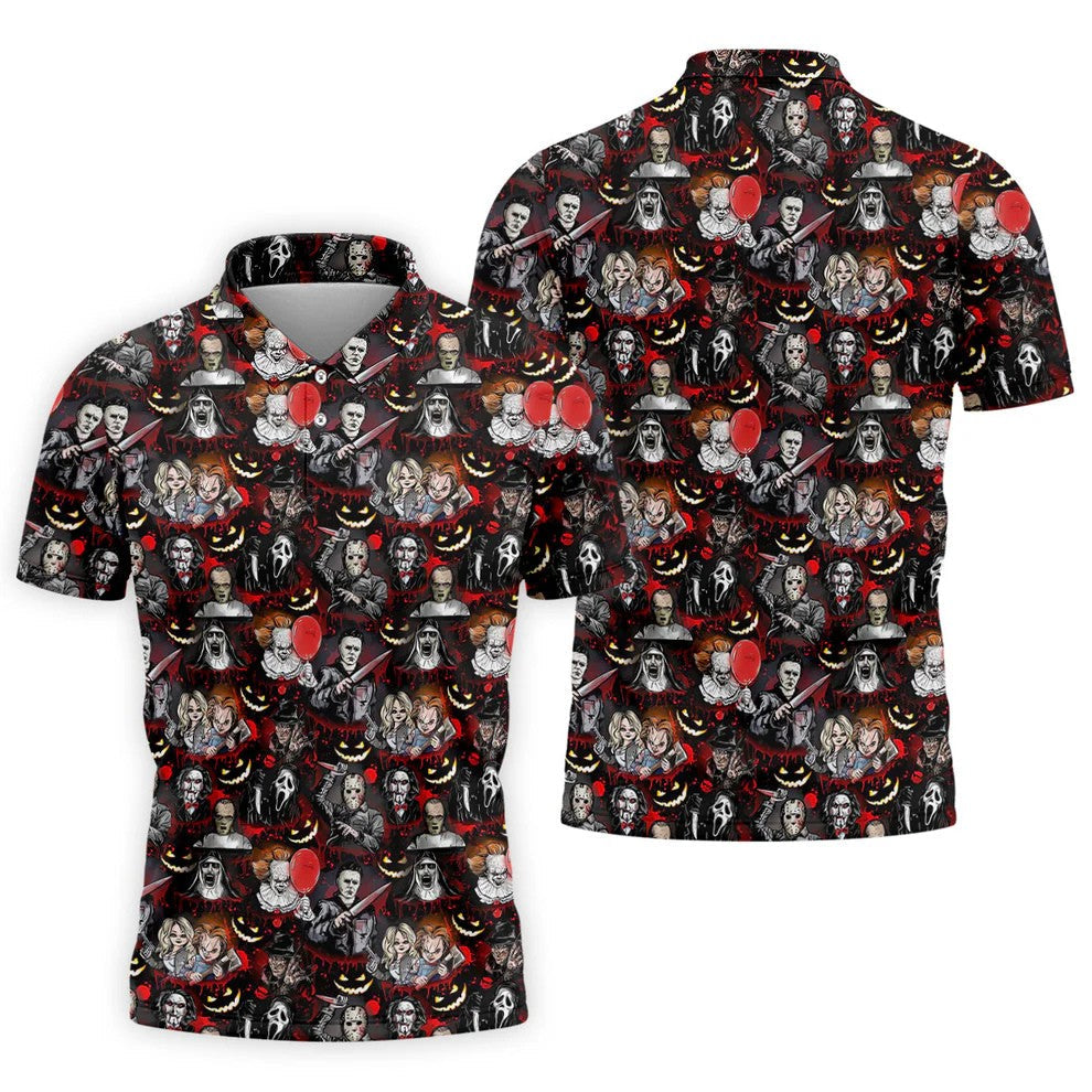 Horror Character Halloween Pattern Golf Polo Shirt, Mens Golf Shirts, Hawaiian Golf Shirt