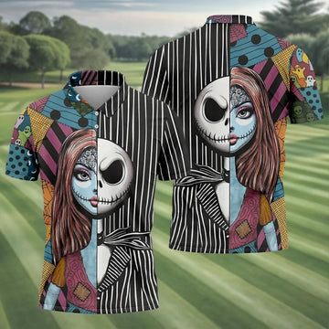 Half Sally And Jack Horror Character Golf Polo Shirt, Men's Golf Shirt, Printed Golf Shirts