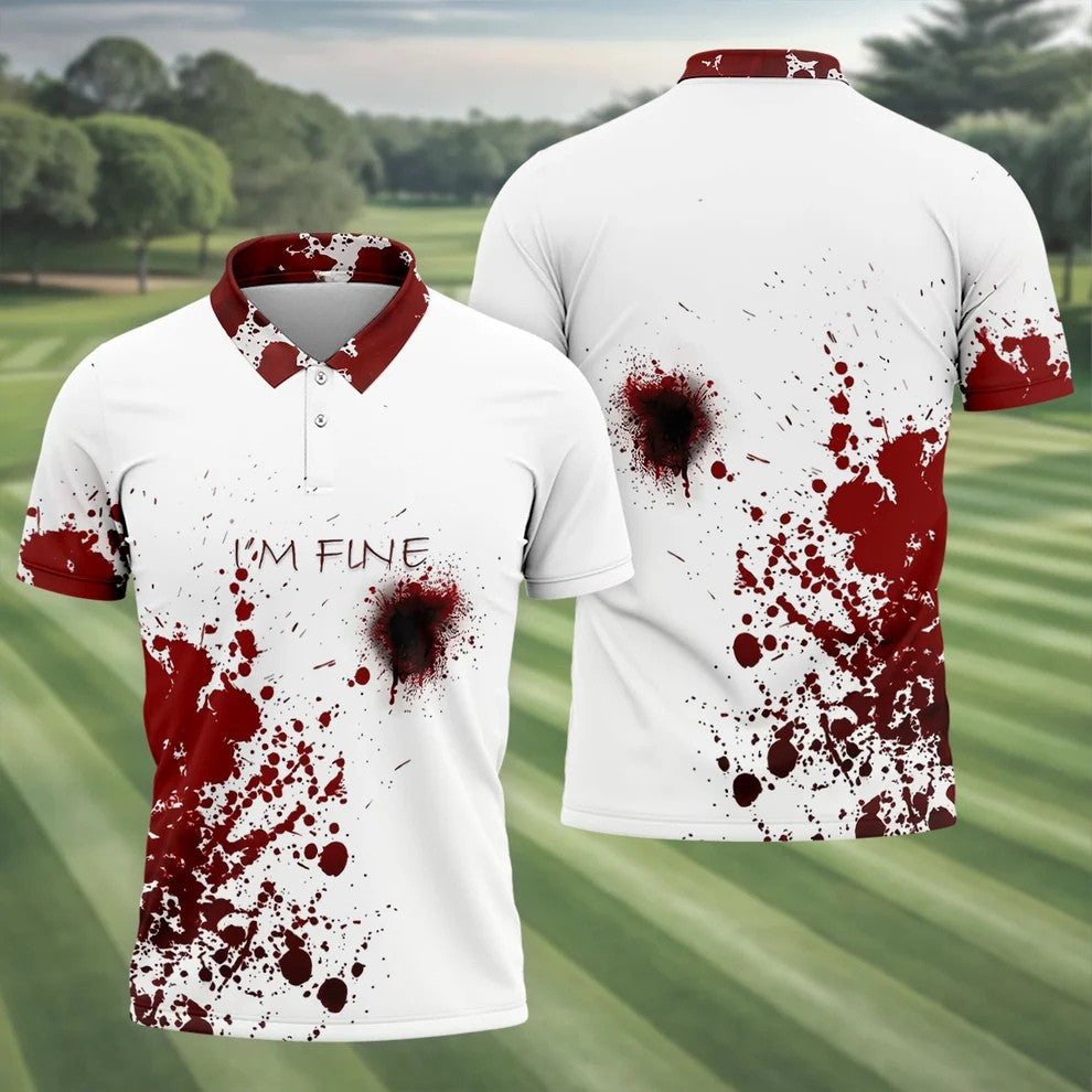 I'm Fine Bloody Splatter Horror Halloween Golf Polo Shirt, Mens Golf Shirts, Printed Golf Shirts