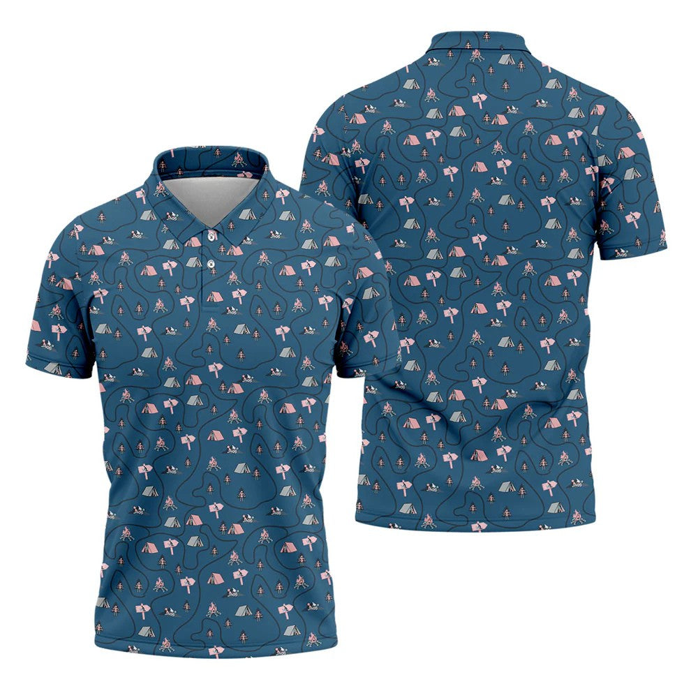 Funny Adult Camping Pattern Polo Shirt, Golf Polo Shirts For Men, Printed Golf Shirts