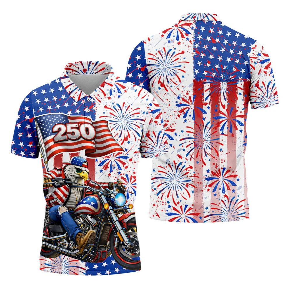 250 Years Eagle Motorcycle American Flag Golf Shirt, Patriotic 4th Of July Golf Shirts For Men