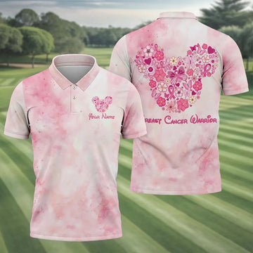 Custom Floral Heart Breast Cancer Polo Shirt, Golf Shirts For Men, Mens Golf Apparel