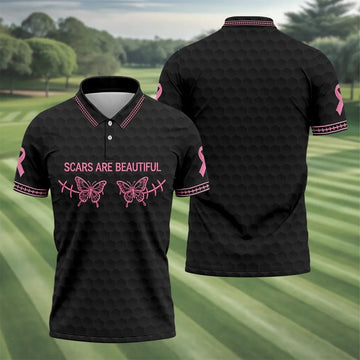 Scars Are Beautiful Ribbon Breast Cancer Polo Shirt, Men's Golf Shirt, Mens Golf Polo