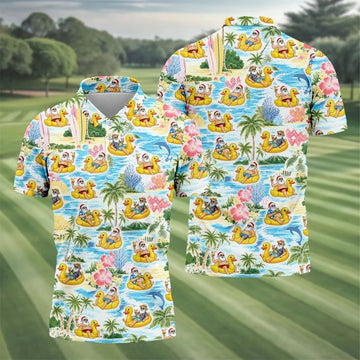 Funny Santa Duck Float Tropical Christmas Polo Shirt, Mens Golf Polo, Hawaiian Golf Shirt