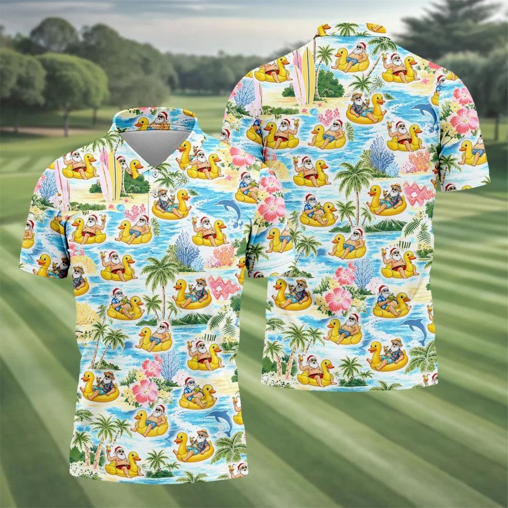 Funny Santa Duck Float Tropical Christmas Polo Shirt, Mens Golf Polo, Hawaiian Golf Shirt