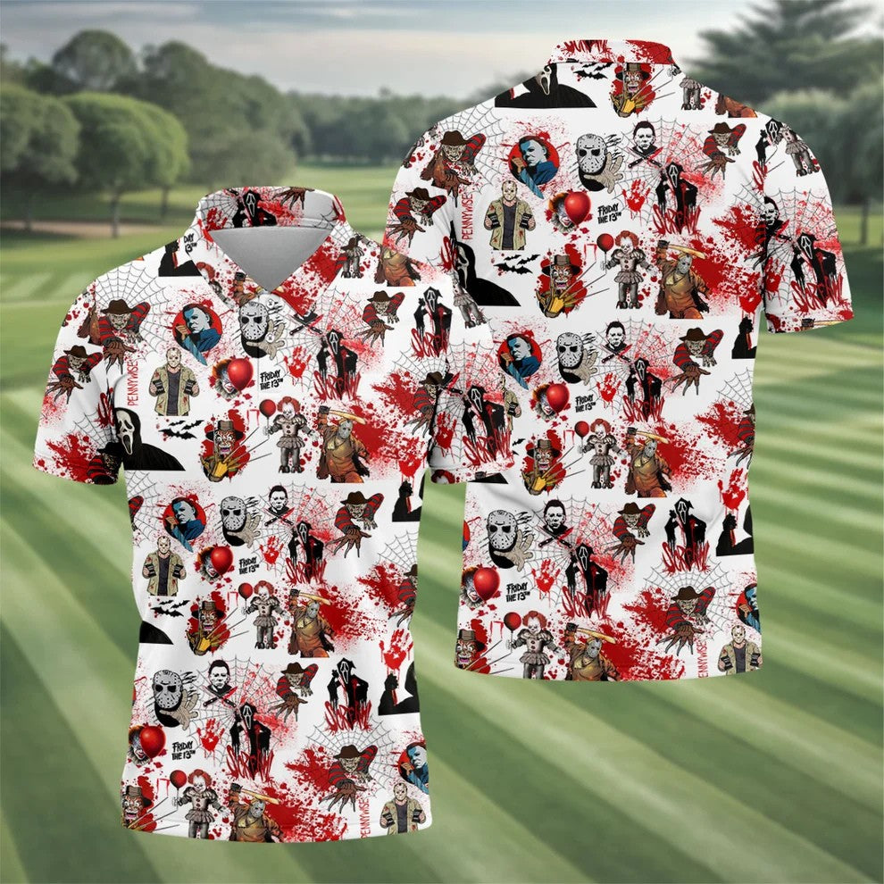 Horror Villain Blood Splatter Print Golf Tops For Men, Halloween Golf Shirt, Polo ShirtFor Men, Golfing Apparel