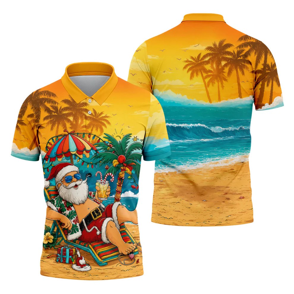 Beach Chair Santa Christmas Golf Shirt, Men's Golf Shirt, Hawaiian Golf Shirt, Printed Golf Shirts