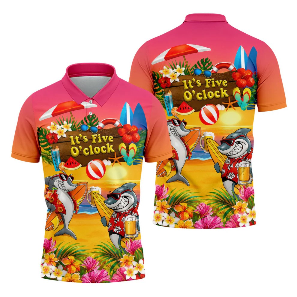 Pink Sunset It's Five O'Clock Beach Shark Golf Polo Shirt, Men's Golf Shirt, Golf Polo Shirts For Men