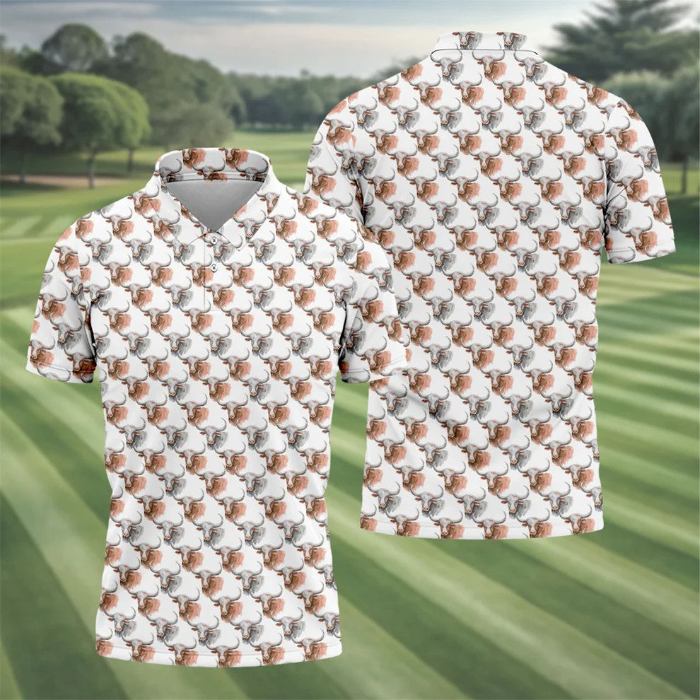 Longhorn Watercolor Pattern Golf Polo Shirt, Golf Apparel For Men, Hawaiian Golf Shirt