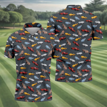 Charcoal Vintage Sports Car Pattern Golf Polo Shirt, Men's Golf Shirt, Golf Polo Shirts For Men
