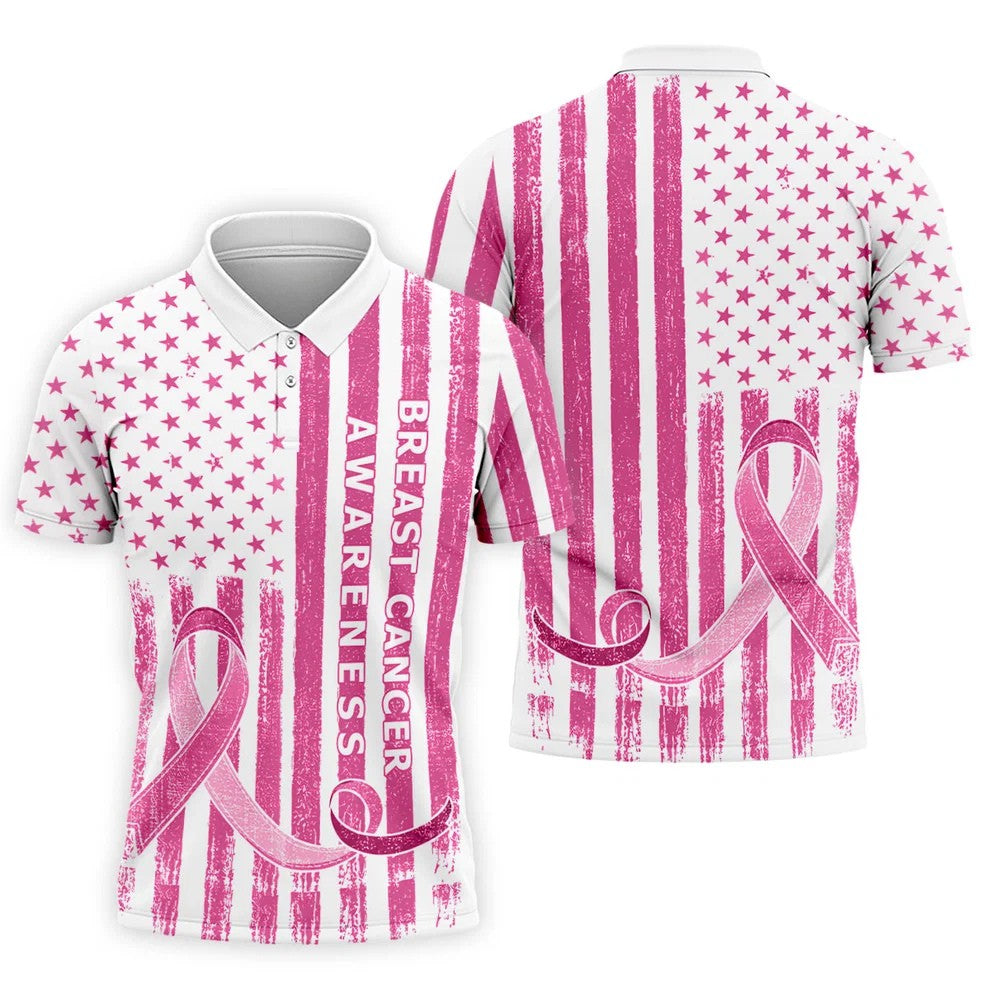 American Flag Breast Cancer Ribbon Polo Shirt, Mens Golf Polo, Printed Golf Shirts