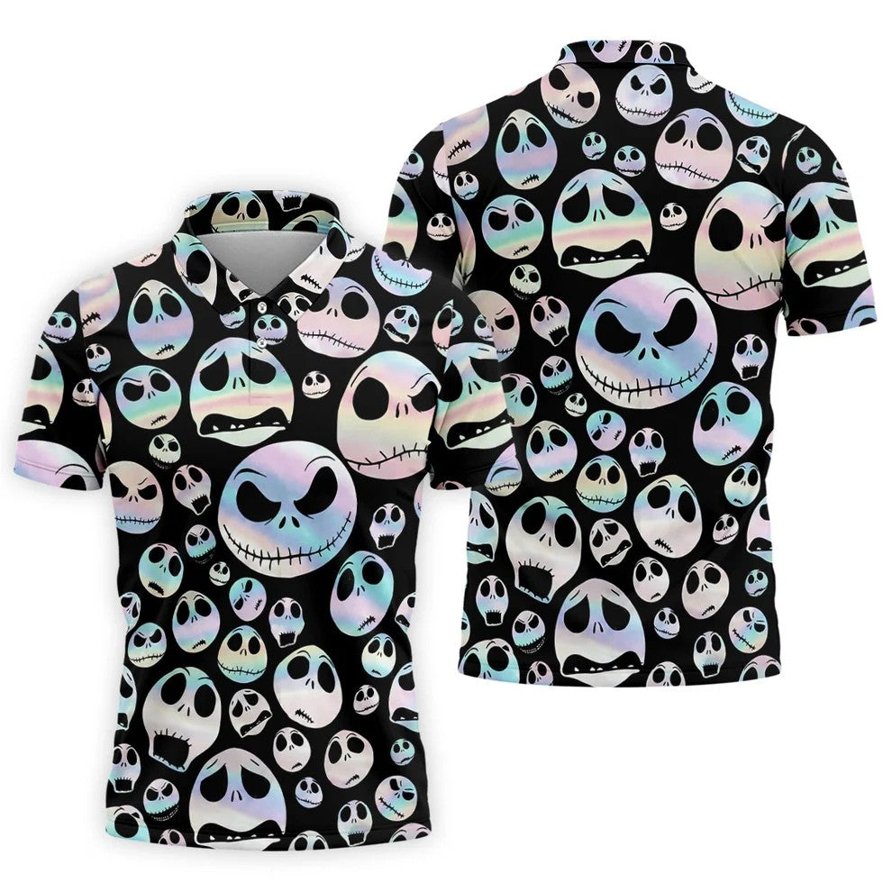 Black Horror Character Skull Face Pattern Golf Polo Shirt, Mens Golf Polo, Printed Golf Shirts