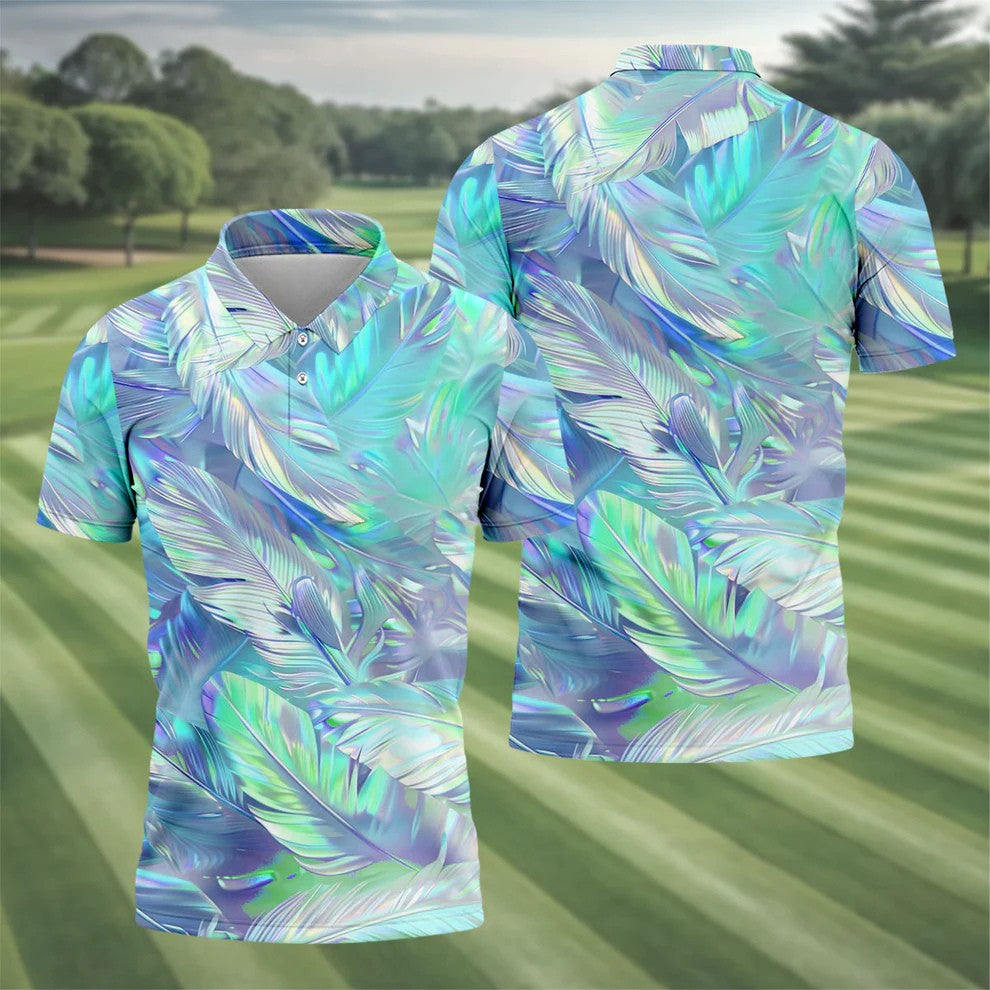 Pastel Gradient Feather Hawaiian Golf Shirt, Golf Tops For Men, Golf Shirts For Men