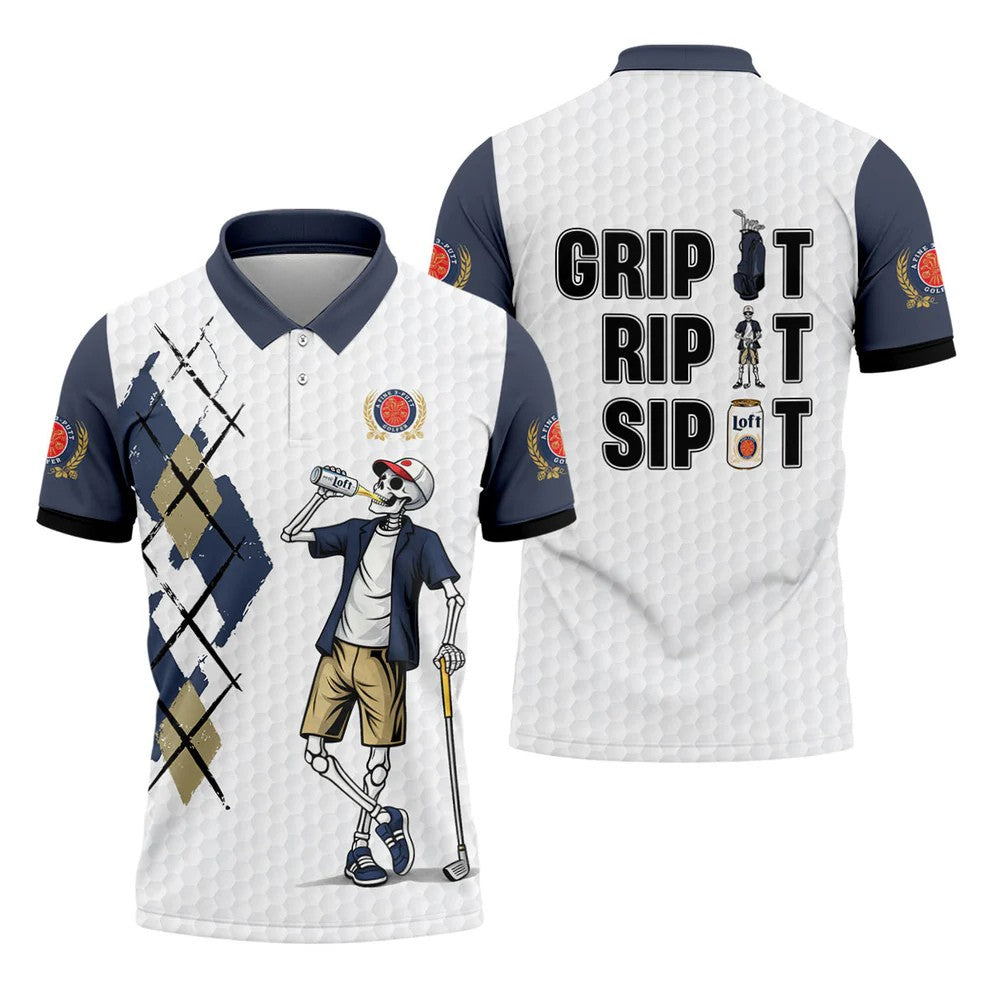 Funny Skeleton Golfer Drinking Beer Polo Shirt, Mens Golf Polo, Golf Apparel For Men