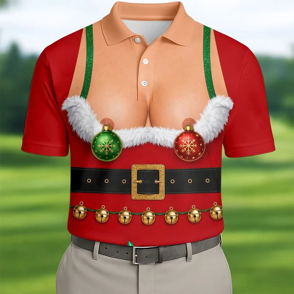 Funny Christmas Ornament Bra Golf Polo Shirt, Christmas Golf Shirt, Mens Golf Shirts