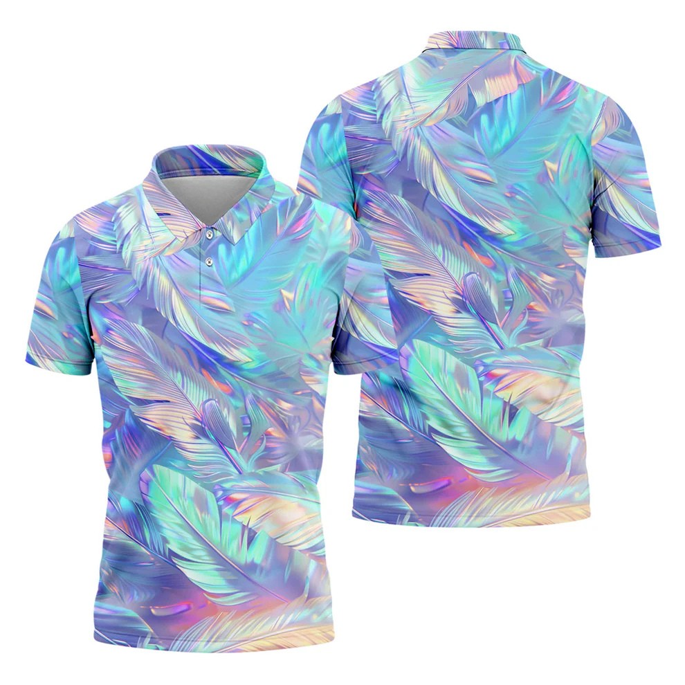Pastel Gradient Feather Hawaiian Golf Shirt, Golf Tops For Men, Golf Shirts For Men