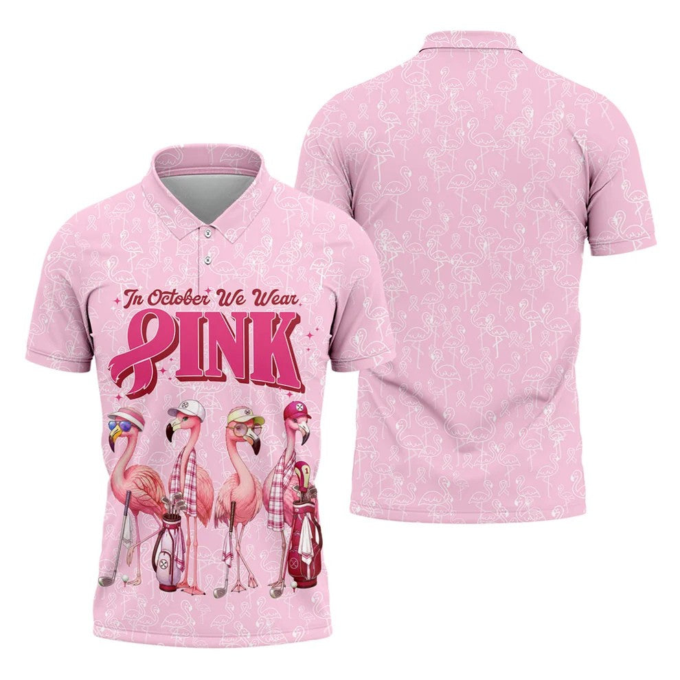 In October We Wear Pink Flamingo Breast Cancer Polo, Golf Shirts For Men, Mens Golf Polo