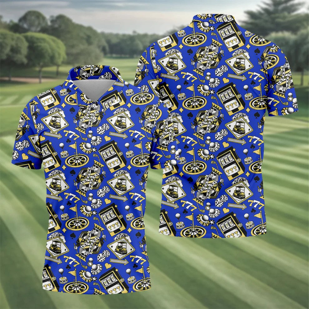 Casino Golf Pattern Blue Hawaiian Golf Polo Shirt, Golf Shirts For Men, Mens Golf Apparel