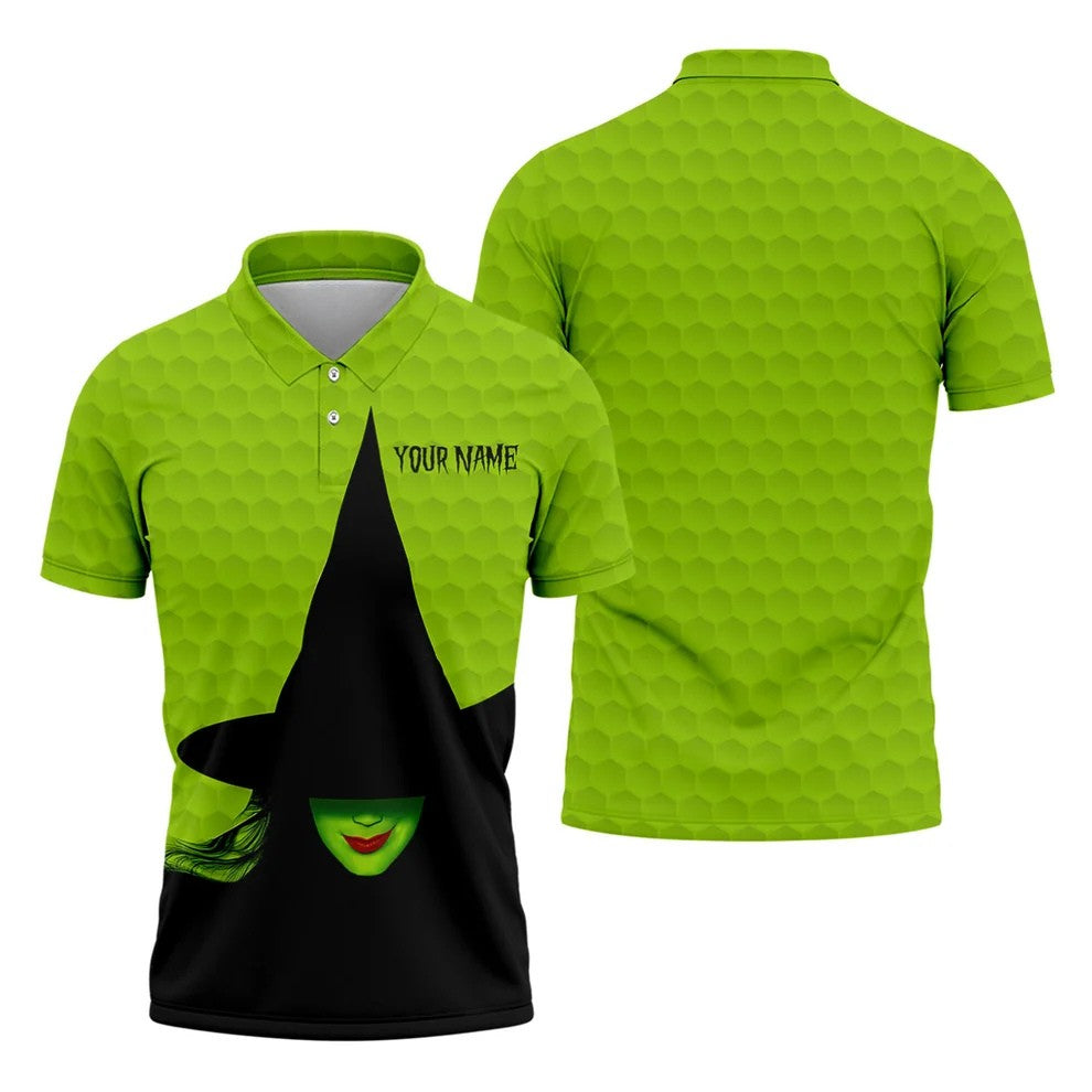 The Green Witch Golf Ball Pattern Golf Tops For Men, Spooky Vibe Men's Funny Golf Shirts, Halloween Golf Shirt