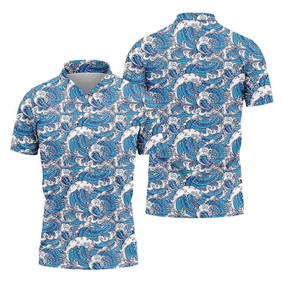 Blue Ocean Wave Pattern Golf Shirt, Hawaiian Golf Shirt, Mens Golf Shirts, Golf Apparel For Men