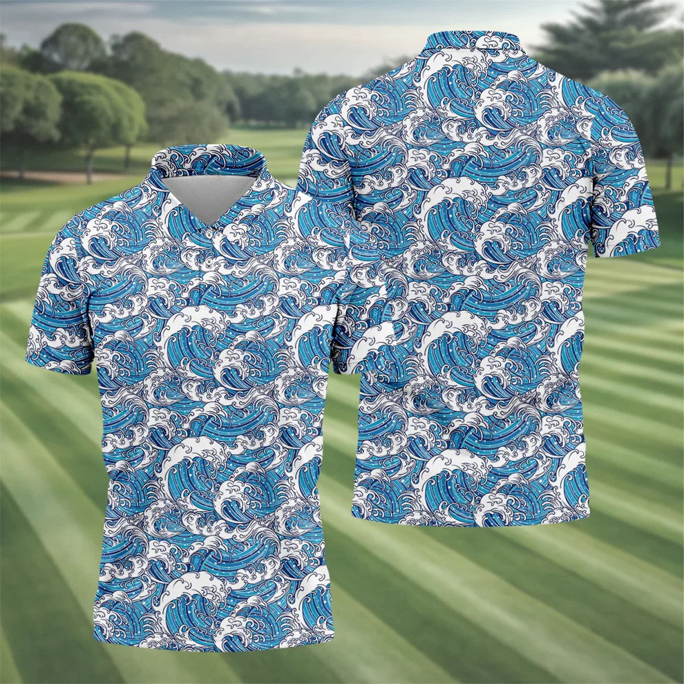 Blue Ocean Wave Pattern Golf Shirt, Hawaiian Golf Shirt, Mens Golf Shirts, Golf Apparel For Men