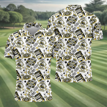 Casino Golf Pattern White Hawaiian Golf Polo Shirt, Mens Polo Shirts, Golf Shirts For Men