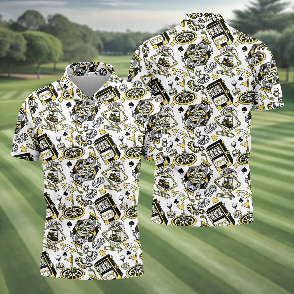 Casino Golf Pattern White Hawaiian Golf Polo Shirt, Mens Polo Shirts, Golf Shirts For Men