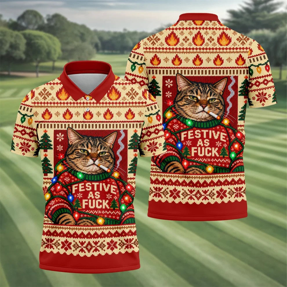 Red Festive As F*ck Cat Christmas Golf Shirt, Mens Golf Clothing, Golf Gifts For Men
