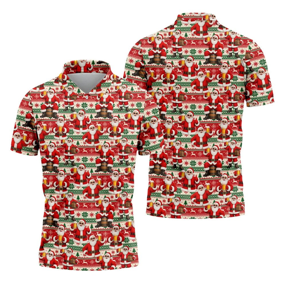 Funny Santa Beer Ugly Sweater Christmas Golf Shirt, Mens Golf Shirts, Polo Shirts For Men